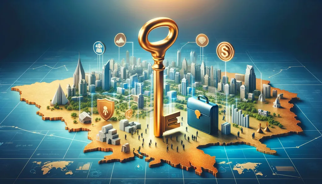 Conceptual image depicting a golden key over a map of Cambodia, surrounded by symbols of protection, economic benefits, and business opportunities, set against a Cambodian cityscape, representing the advantages of business registration.