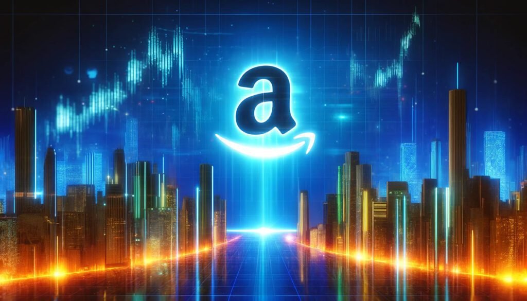 A futuristic cityscape adorned with holographic projections of Amazon's logo and upward stock trends, symbolizing Amazon's potential for growth and influence in the global market.