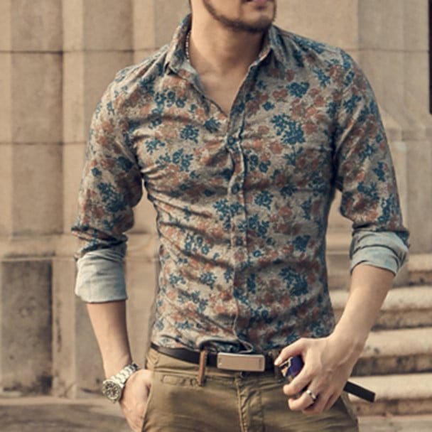 thesparkshop.in Flower Style Casual Men Shirt Long Sleeve and Slim Fit Men’s Clothes