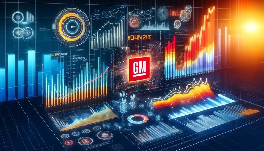 Detailed financial dashboard displaying the 2024 stock performance of General Motors, with line graphs and bar charts showing growth trends and key metrics in a modern digital finance setting.