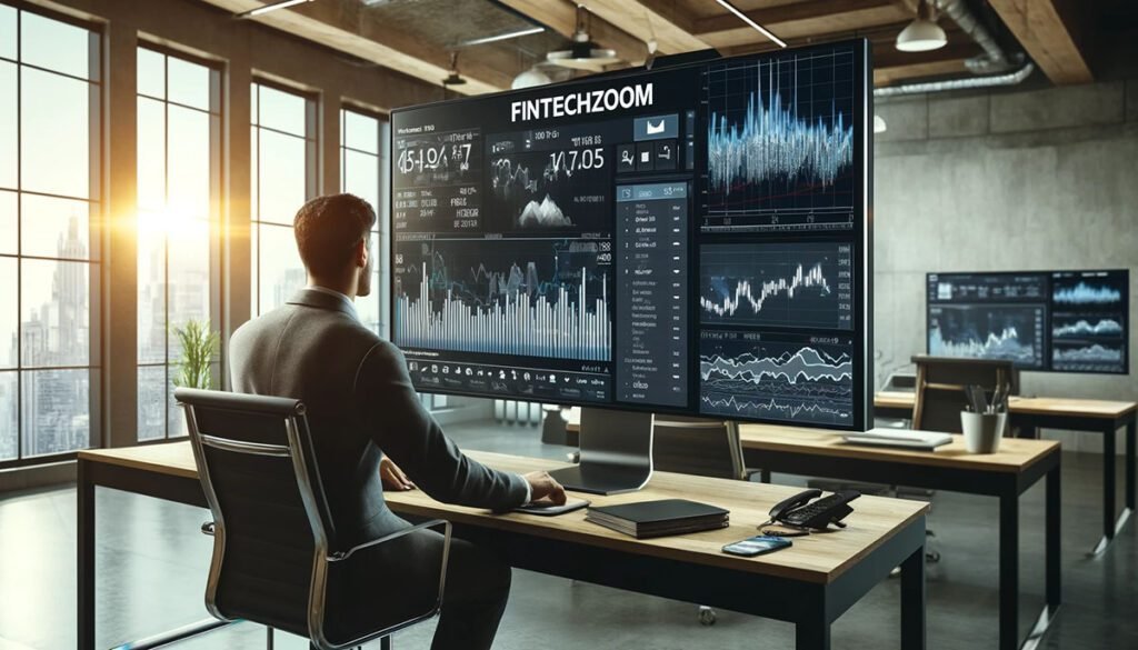 A high-definition, landscape-oriented image showing a financial analyst using Fintechzoom on a large monitor to analyze MSFT stock. The screen displays detailed charts, graphs, and financial data. The background includes elements of a modern office with sleek furniture and tech devices, creating a professional and high-tech setting.
