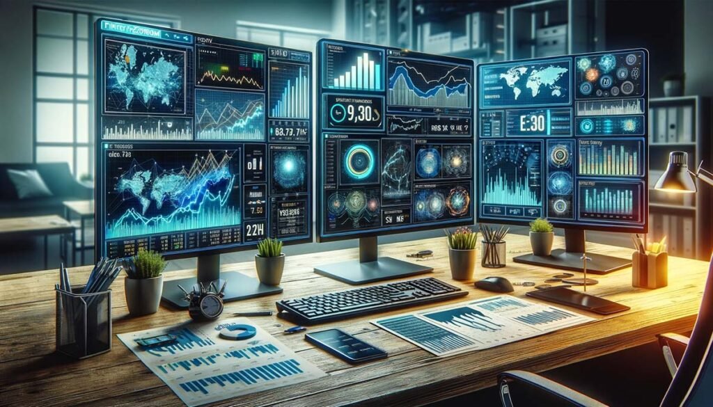 An analytical workspace with multiple monitors displaying Fintechzoom's financial analysis tools and data charts, focusing on the technology sector, with highlighted sections on market trends and expert insights.