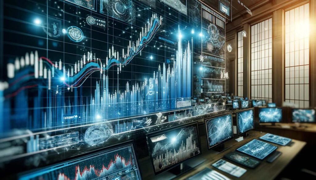 Dynamic display of UPST stock performance in a bustling financial analysis room, with screens showing fluctuating stock trends and detailed market statistics, capturing the essence of a high-stakes, fast-paced trading environment.