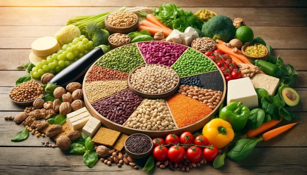 high-definition image showcasing an assortment of vegetarian protein sources, including legumes, nuts, seeds, quinoa, tofu, tempeh, and fresh vegetables, arranged beautifully on a wooden table.