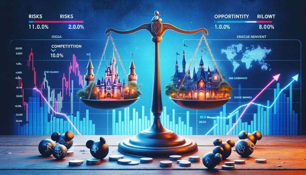 A creative digital scene representing risks and opportunities in Disney stock investment, with a balance scale showing risks like market volatility and opportunities like Disney+ growth.