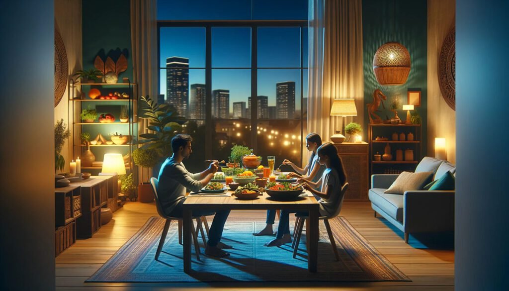 A serene evening scene in a modern dining room where a family is enjoying an Ayurvedic dinner, with a variety of colorful, healthy dishes on the table, highlighting the benefits of Ayurvedic dinners for improving digestion, enhancing sleep, and reducing stress.