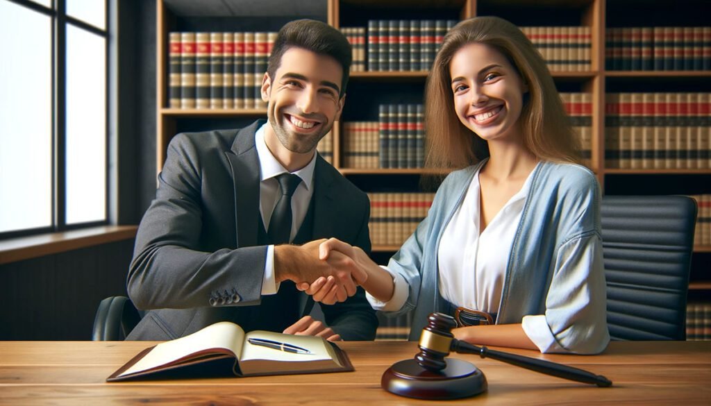 A happy client shaking hands with a lawyer in a modern office, with shelves of legal books in the background, symbolizing trust, expertise, and professional service.