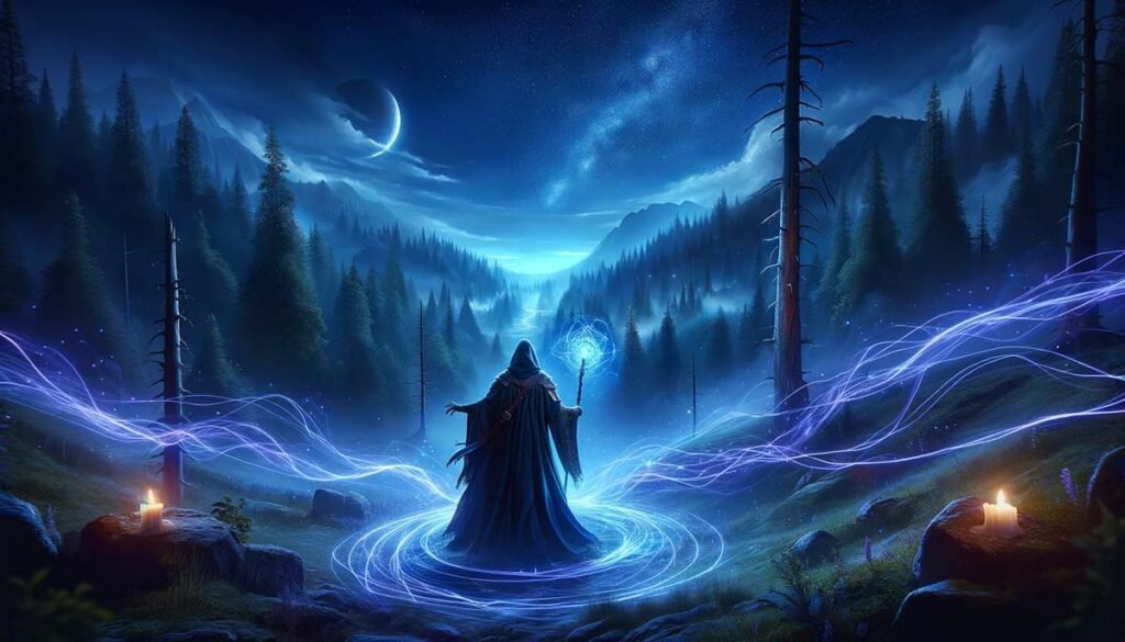 A robed figure casting the powerful piercing spell Zoltrakk in a dark, mystical forest under a starry sky, showcasing the spell's eerie and potent effects.