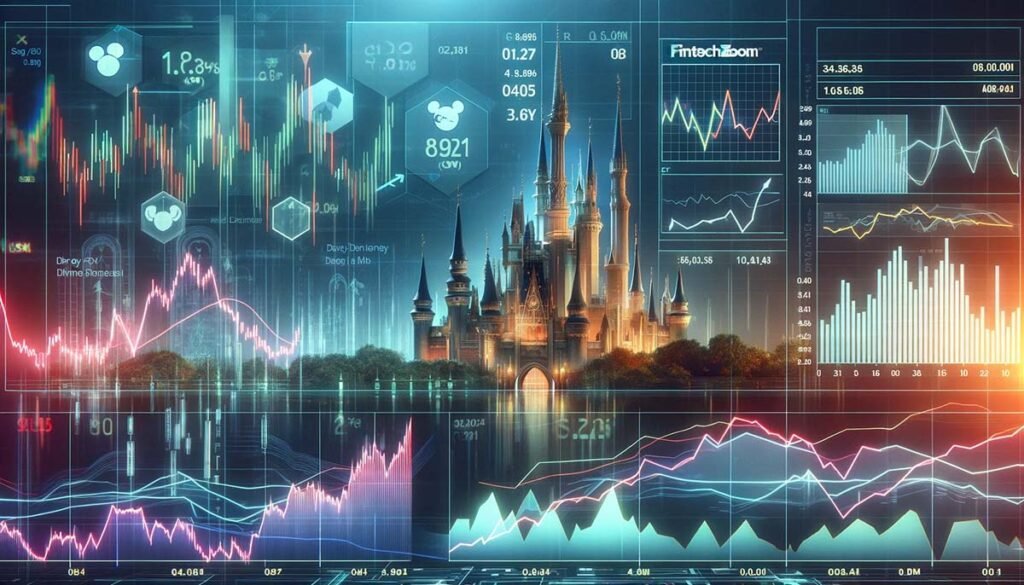 A futuristic financial analysis screen displaying Disney stock's detailed financial data, graphs, and charts, with RSI, MACD, moving averages, Fintechzoom logo, and Disney castle.