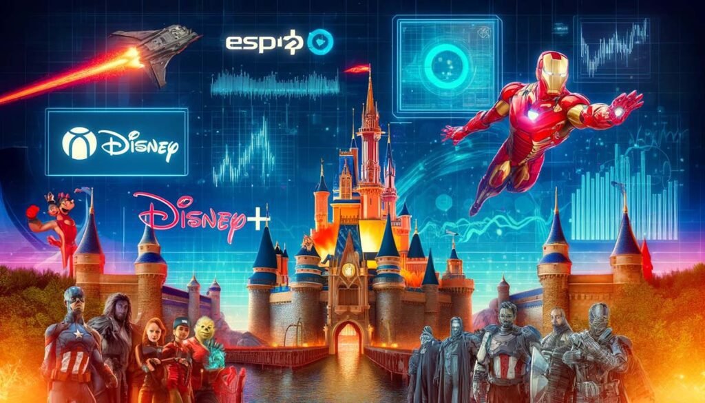 A creative collage representing Disney's diverse business segments with a Disney castle, Marvel characters, ESPN logo, Disney+ streaming platform, and a theme park roller coaster, overlaid with stock graphs and Fintechzoom logo.