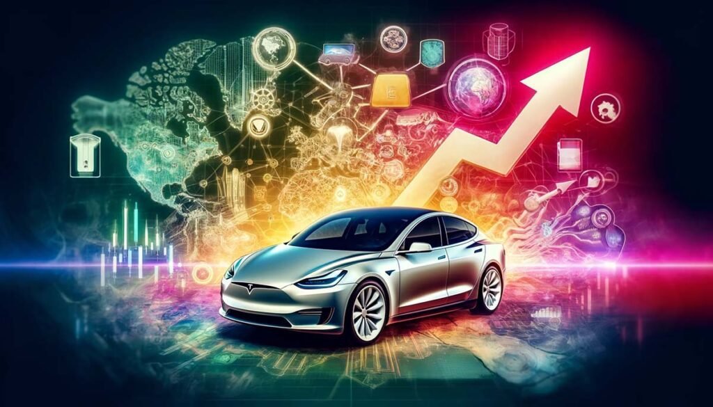 Intricate visual blend of Tesla cars, upward-trending stock chart, AI and battery icons, with a backdrop of global maps and policy symbols, representing the multifaceted influences on Tesla's stock as analyzed by FintechZoom.