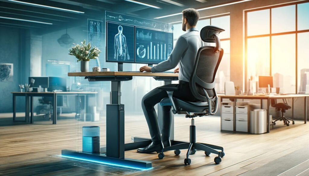 An office worker using an adjustable standing desk and ergonomic chair in a modern, well-organized office. The setup includes proper monitor height and keyboard placement, highlighting good posture and ergonomic workspace solutions to reduce health risks of prolonged sitting.