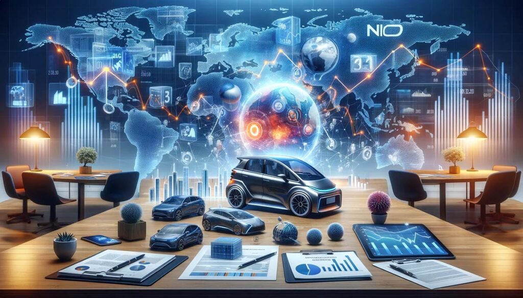 A dynamic scene depicting various external factors influencing NIO stock, including government policy documents, a global map with economic indicators, competing electric vehicles, and graphs showing market trends in a modern, high-tech workspace.
