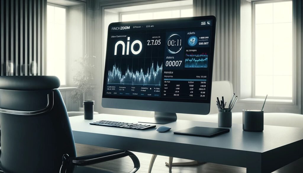 A modern workspace with a large monitor displaying the Fintechzoom platform analyzing NIO stock, showing real-time stock data, alerts, and detailed financial charts in a sleek and professional environment.