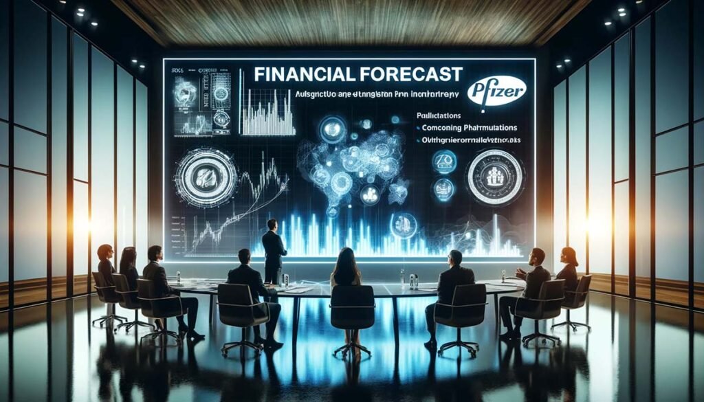 A high-tech conference room with a digital presentation on Pfizer's future stock projections and pharmaceutical innovations, attended by professionals in strategic discussion.