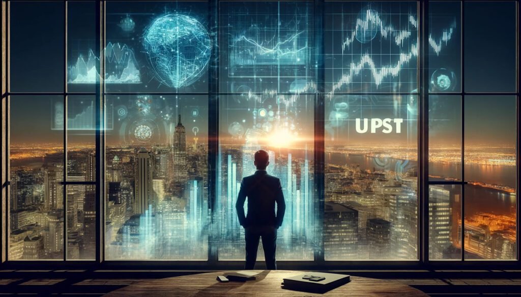 Visionary scene with a financial analyst overlooking a futuristic cityscape through a window, with holographic UPST stock charts and projections, symbolizing the growth potential and forward-looking strategy of Upstart Holdings in the fintech industry.