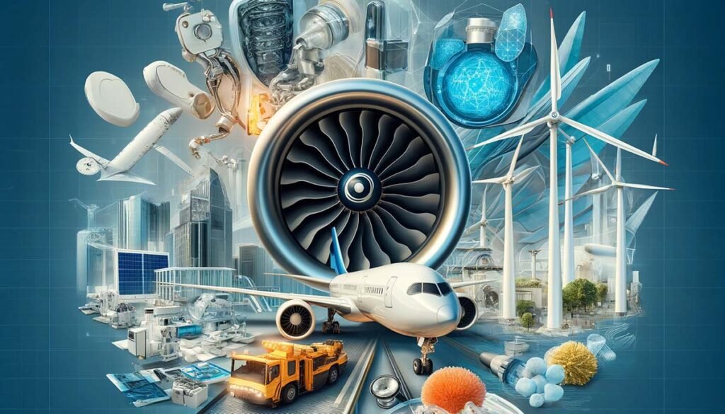 A collage showcasing General Electric's key industries: aviation with a jet engine, healthcare with medical imaging equipment, and renewable energy with wind turbines, highlighting the company's innovation and diversity across market segments.