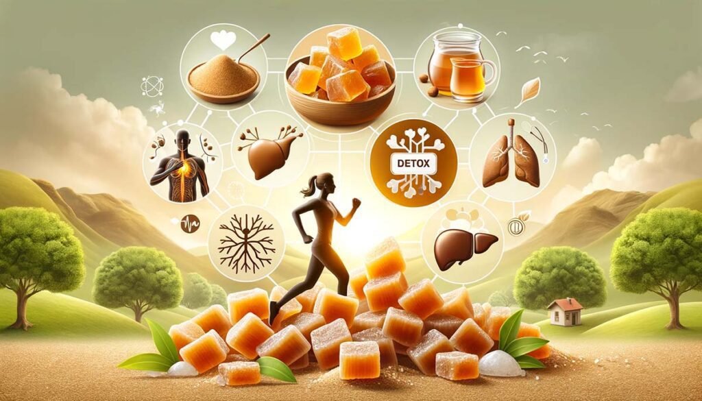 An illustration showcasing the health benefits of jaggery, featuring a healthy person running, clear skin, a liver detox icon, and a respiratory health symbol, surrounded by pieces of jaggery, highlighting its role in promoting overall health.