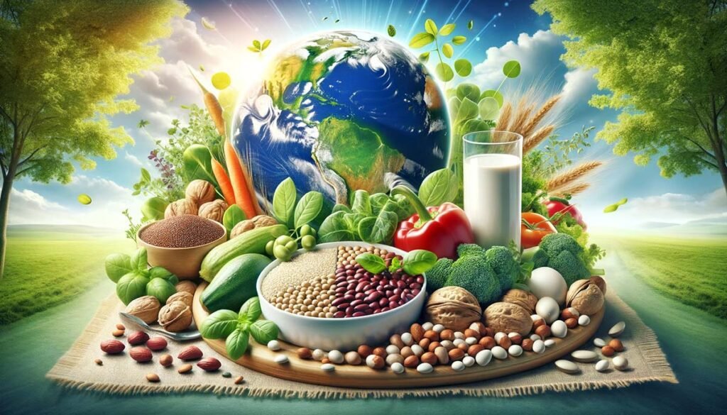 A high-definition image illustrating the health and environmental benefits of vegetarian proteins, featuring a balanced meal with legumes, nuts, quinoa, and fresh vegetables, alongside a globe and green plants, symbolizing sustainability and health.
