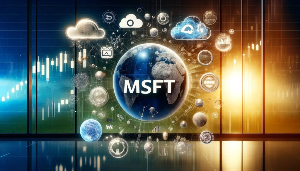 High-definition, landscape-oriented image depicting various factors influencing MSFT stock price, including economic indicators like interest rate and inflation graphs, a globe for global market influence, and technological icons for cloud computing and artificial intelligence. Background features logos of major tech competitors, set in a sleek, modern financial themed environment.