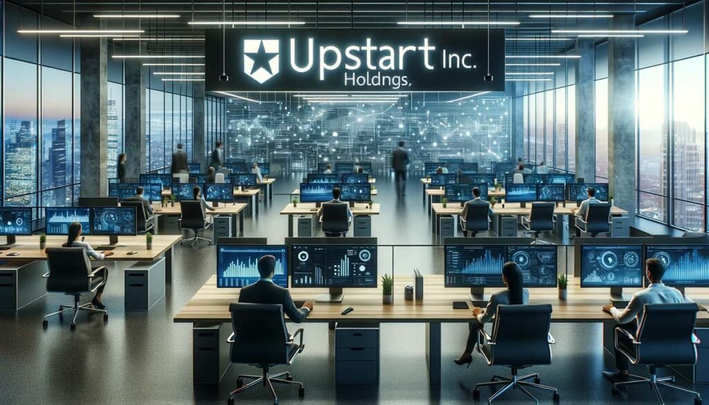 Modern corporate office of Upstart Holdings, showcasing an open workspace with technology-driven financial software and analytics, emphasizing innovation in fintech.