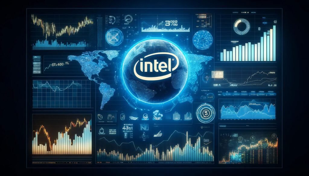 A digital dashboard showcasing Intel's stock market position with financial graphs, real-time stock price, and Intel's logo. Market analysis tools and a global map highlight Intel's market reach.