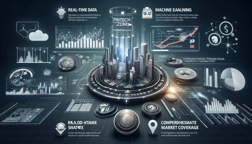 An infographic-style image highlighting the key features of Dow Jones FintechZoom, including real-time data, advanced analytics, machine learning, and comprehensive market coverage in a sleek, modern design.
