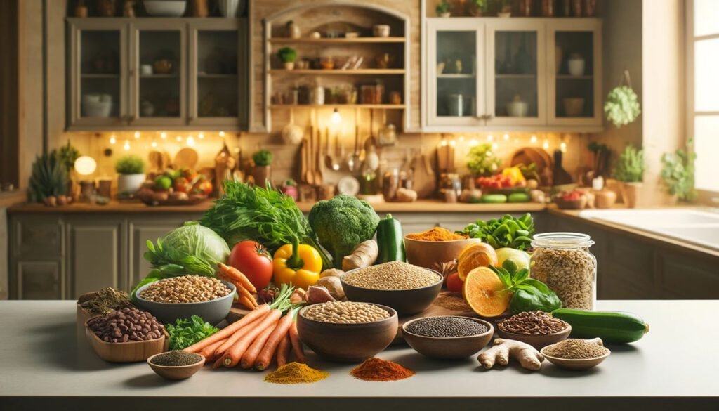 A vibrant kitchen scene showcasing the key ingredients of an Ayurvedic diet, including fresh vegetables, grains, legumes, and a variety of spices like turmeric, cumin, and ginger, in an inviting and organized kitchen with wooden cabinets and warm lighting.