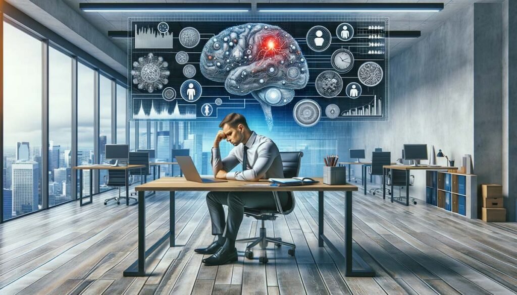 An office worker sitting at a desk, looking stressed and fatigued, with visual elements highlighting the brain to indicate anxiety and depression. Thought bubbles and symbols represent decreased productivity and focus, set in a modern office environment.