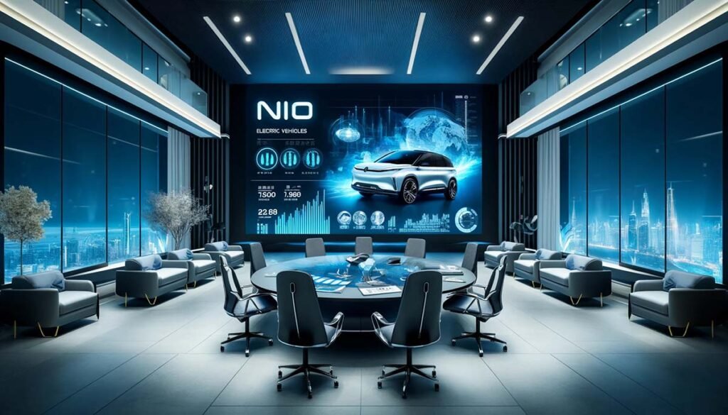 A high-tech corporate meeting room with a large digital screen displaying NIO electric vehicles and market data, showcasing NIO's latest models, sales figures, and market presence.