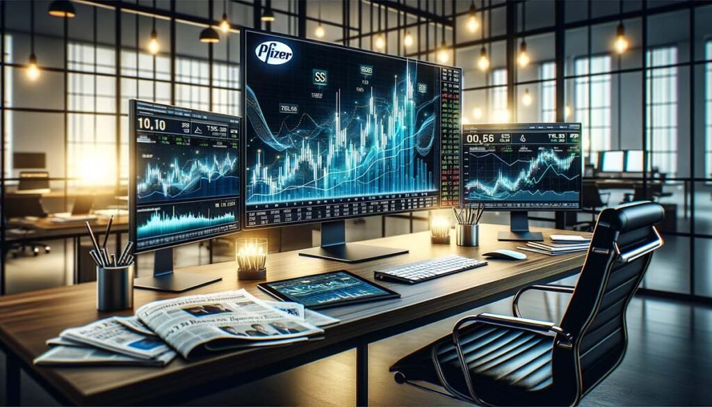 A modern financial analysis setup with multiple monitors displaying Pfizer's stock trends and data graphs, reflecting recent market activities in a sophisticated office environment.