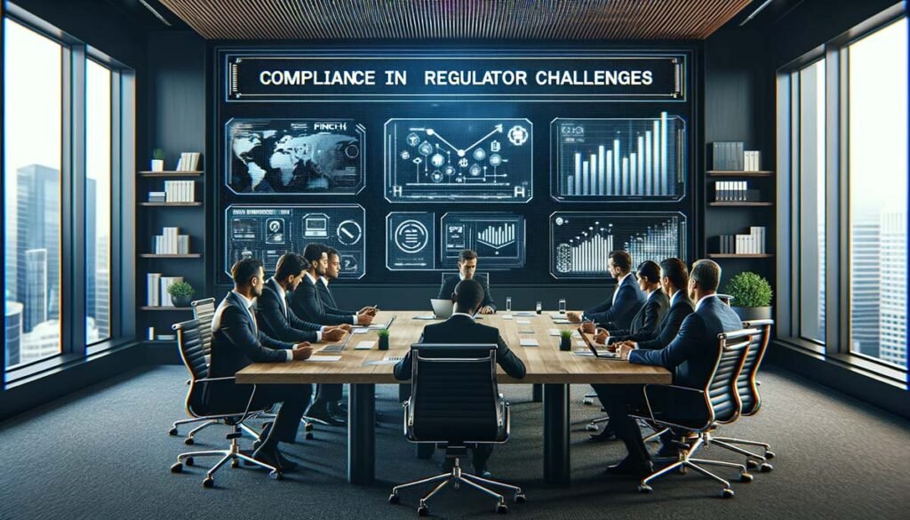 A modern corporate boardroom scene with fintech executives engaged in a serious discussion about regulatory challenges, featuring digital displays with compliance documents, reflecting the urgency and complexity of navigating fintech regulations.
