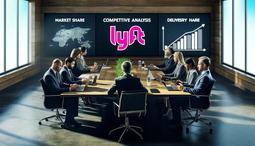 Executives in a corporate strategy meeting room discussing competitive analysis in the transportation and delivery industry, with laptops and digital tablets on hand, and screens showing market share graphs and competitor logos such as Lyft and DoorDash, symbolizing in-depth strategic planning.