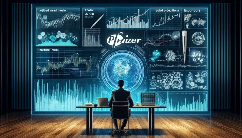 A detailed financial dashboard displaying various factors influencing Pfizer's stock performance, including economic indicators and healthcare trends, viewed by a professional in a high-tech office.