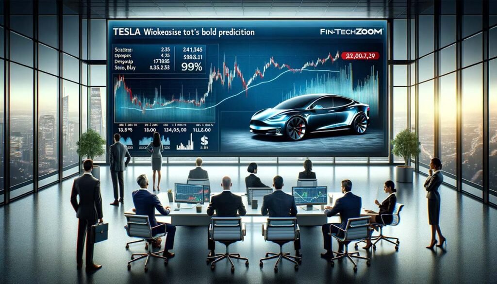 Modern office environment with professionals analyzing FintechZoom's prediction for Tesla stock on a large monitor, highlighting strategic financial analysis and projected stock growth.