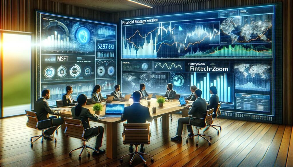 High-definition, landscape-oriented image depicting a financial strategy session with investors discussing MSFT stock investment using Fintechzoom. The scene includes a group of investors around a table with laptops, and a large monitor displaying MSFT stock analysis, charts, and Fintechzoom tools. The setting is a modern, well-lit conference room with a professional atmosphere.