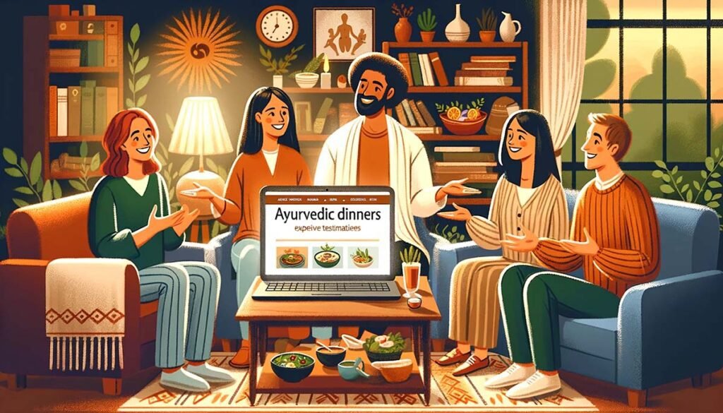 A cozy living room setting where individuals are sharing their experiences about Ayurvedic dinners, with people talking and smiling, and a laptop showing an Ayurvedic website, emphasizing the positive testimonials and expert opinions on Ayurvedic dinners.