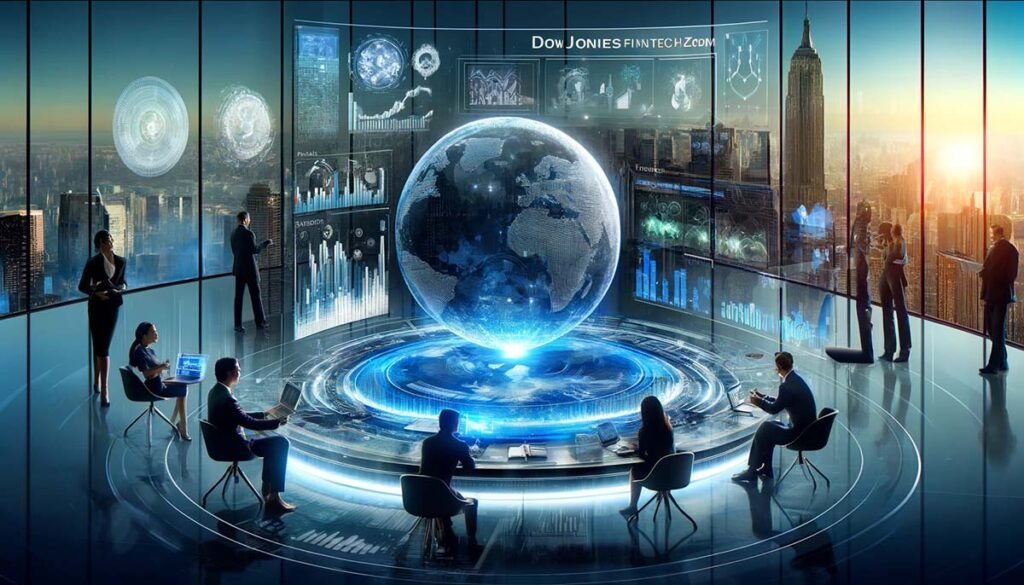 A futuristic scene with advanced digital interfaces, holographic charts, professionals interacting with AI-driven tools, and a global network visualization in a high-tech office.