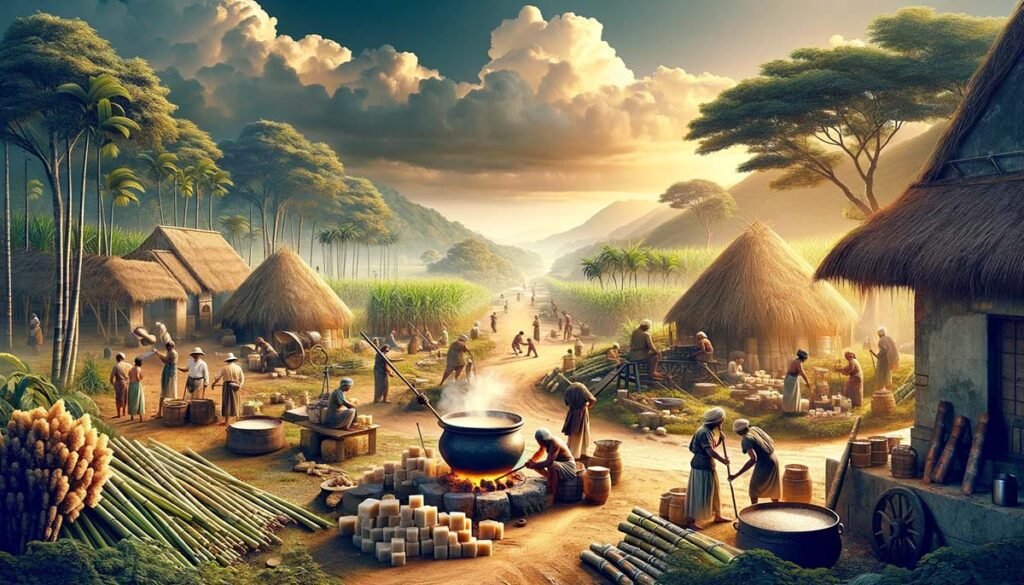 A historical scene of traditional jaggery making, featuring sugarcane, a boiling pot, and people in traditional attire working together, capturing the cultural significance and traditional methods of jaggery production.