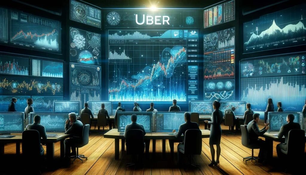A dynamic financial newsroom scene with analysts monitoring Uber stock trends on large digital screens displaying real-time market charts, graphs, and data analytics, illustrating a bustling environment dedicated to stock market analysis.
