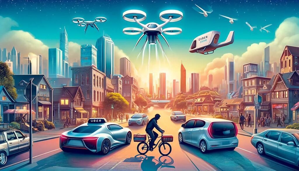 An illustrative depiction of Uber's multi-service business model in a vibrant urban setting, featuring a ride-sharing car, an Uber Eats delivery person on a bike, and a futuristic Uber Elevate air vehicle.