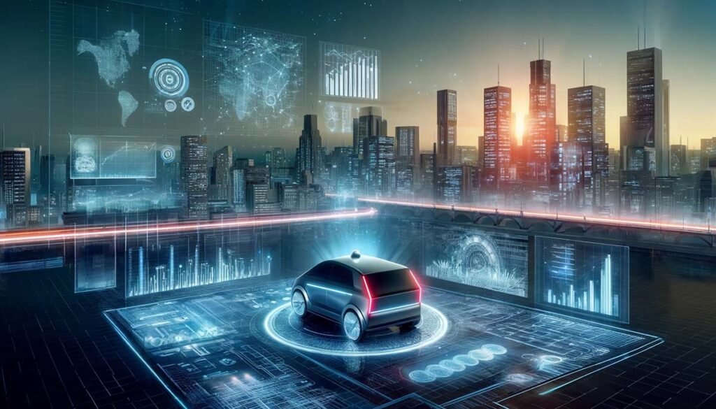 A futuristic cityscape at dusk with holographic projections illustrating Uber’s growth, showcasing graphs of projected revenue, autonomous vehicle advancements, and global expansion plans, symbolizing Uber's forward-thinking investment opportunities.
