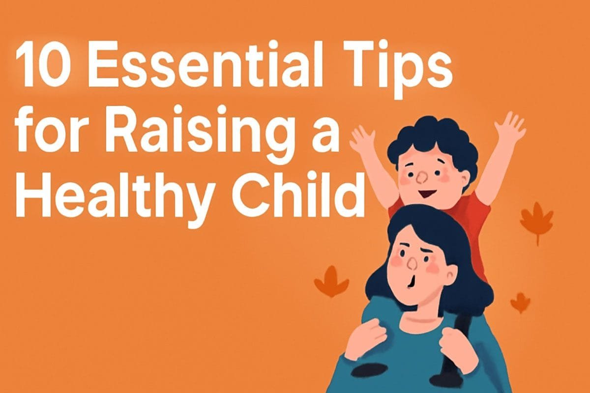 A nurturing moment between a parent and child, symbolizing the key tips for raising a healthy child, with vibrant orange tones and cheerful imagery.