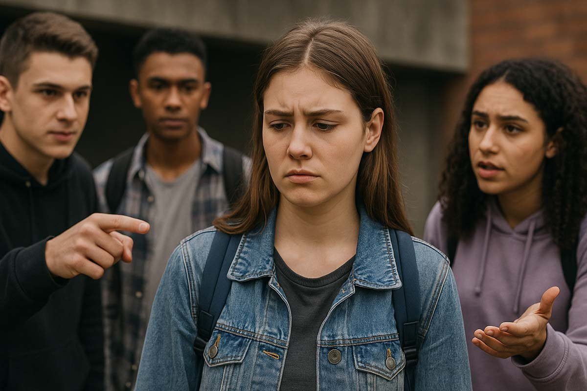 Teenage girl looks distressed as peers confront her, symbolizing the emotional tension of navigating peer pressure during adolescence.