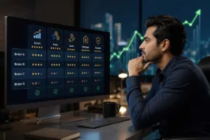 Professional analyzing financial broker comparison dashboard showing stocks forex loans mortgages and insurance on a modern desktop monitor