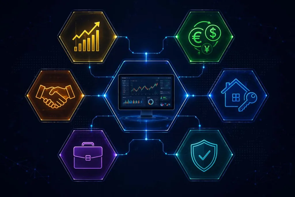 Hexagonal financial ecosystem showing stock forex loan mortgage business and insurance broker services connected to a central platform interface
