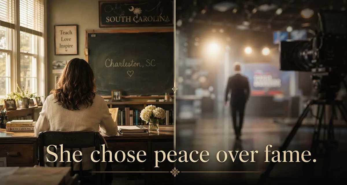 Split scene showing a calm classroom and blurred TV studio representing Mary Ryan Ravenel choosing peace over fame