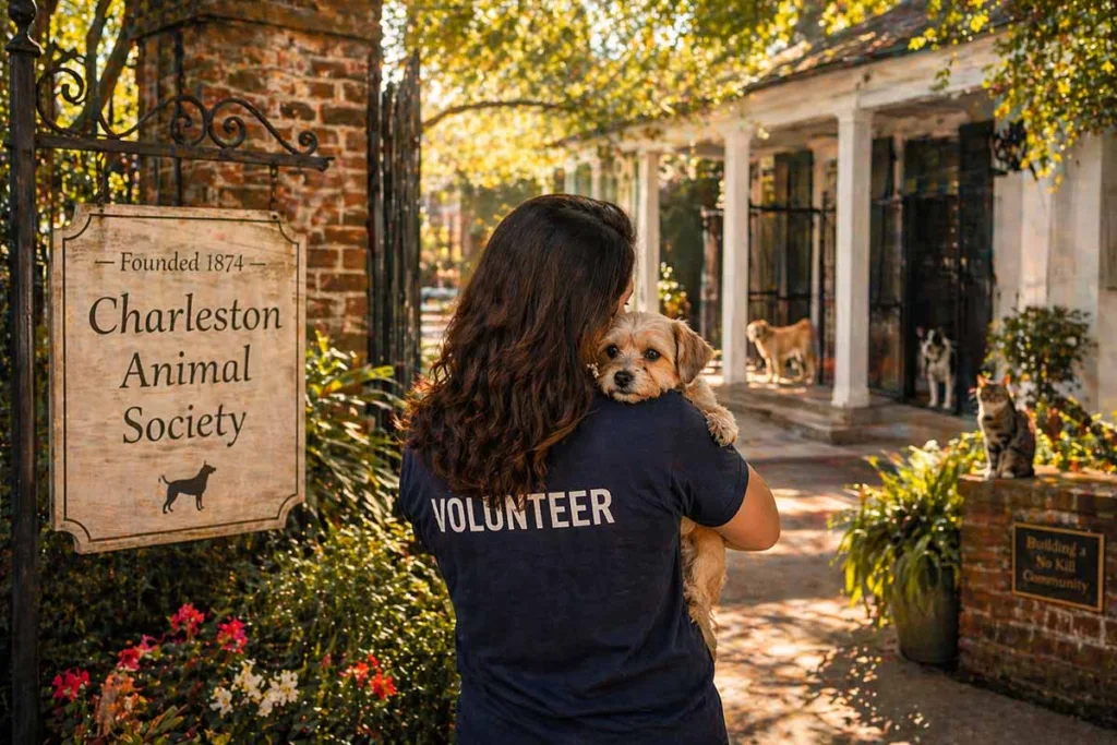 Volunteer holding a small dog at Charleston Animal Society courtyard representing Mary Ryan Ravenel charity work and community involvement
