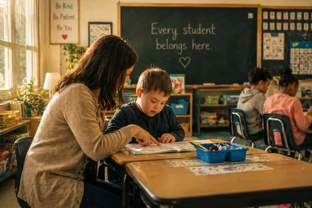 Warm classroom scene showing a teacher guiding a student at a desk, reflecting Mary Ryan Ravenel professional career in special education