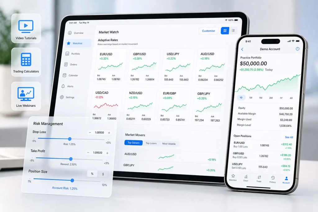 Tablet and smartphone displaying financial platform with forex dashboard demo account performance chart and risk management controls in a modern clean interface